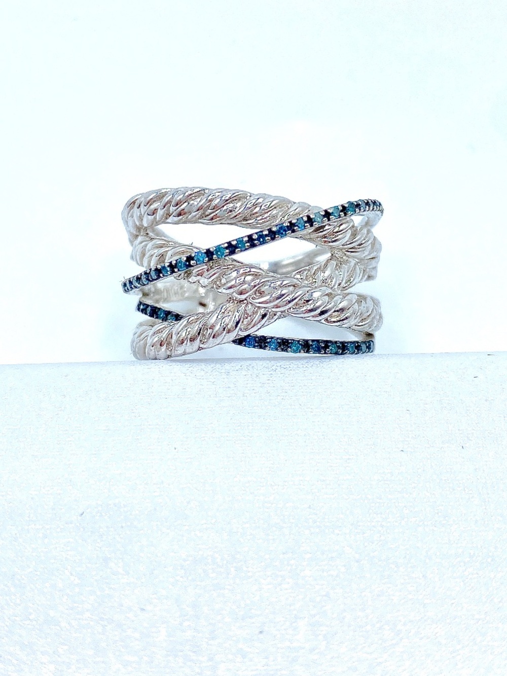 925 Sterling Twist Rope Silver Diamond Chip Blue Stone Crossover Statement Ring